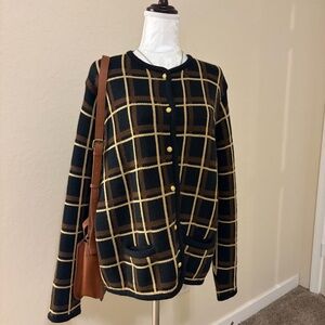 Classic Elements Black Plaid Cardigan Jacket with Brown Grid